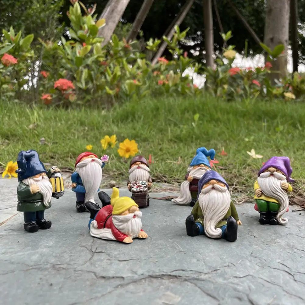 

7PCS Mini Dwarf Figurine Garden Miniature Collectible Gnome Decor Resin Fairy Garden Gnome Elf Figure Bonsai Decoration for Home