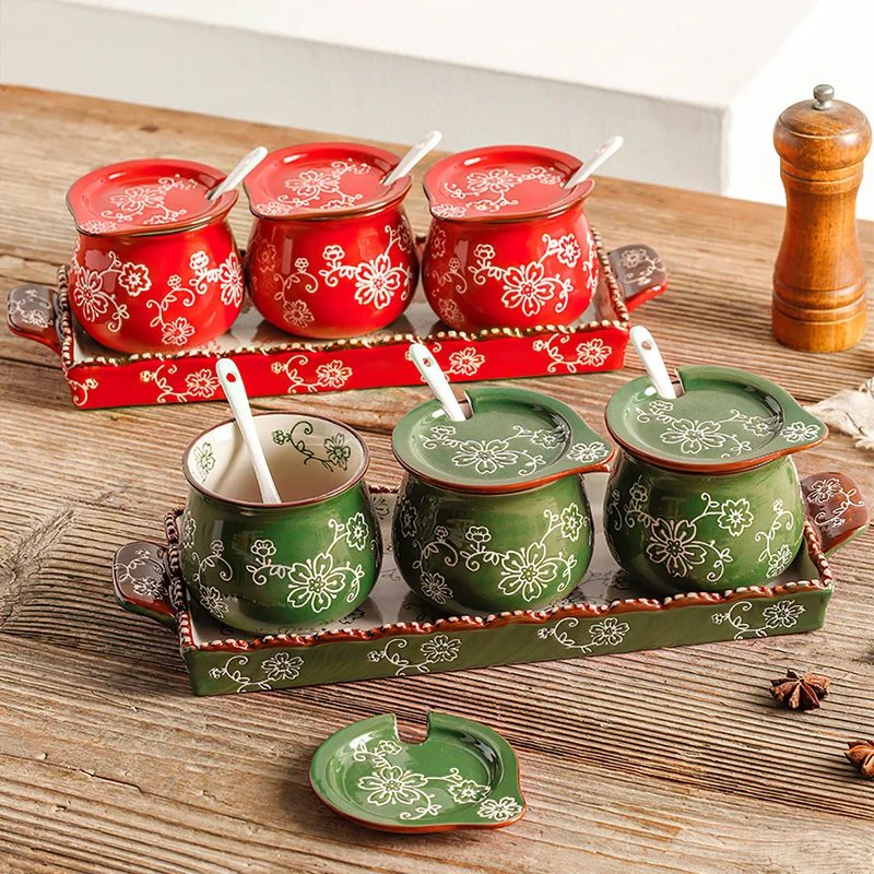 3pcs/set Ceramic Seasoning Pot with Tray Japanese Style Sakura Seasoning Bottle Set Salt Sugar Pepper Storage Kitchen Supplies