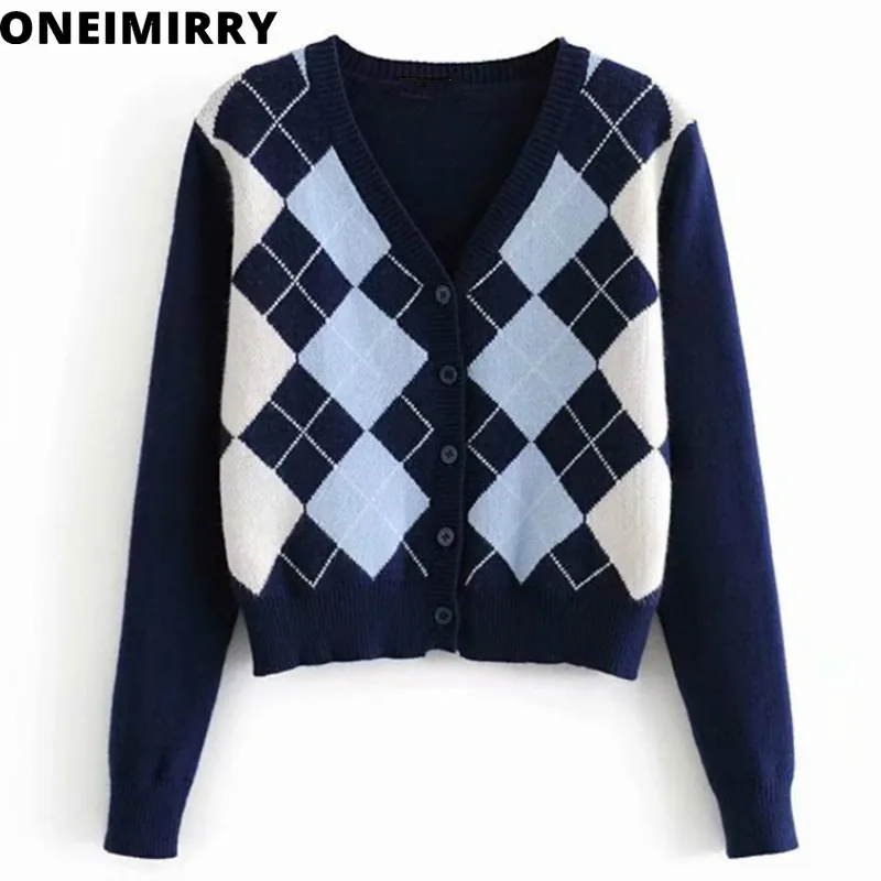 Женский свитер с ромбами винтажный Стильный трикотажный кардиган длинным