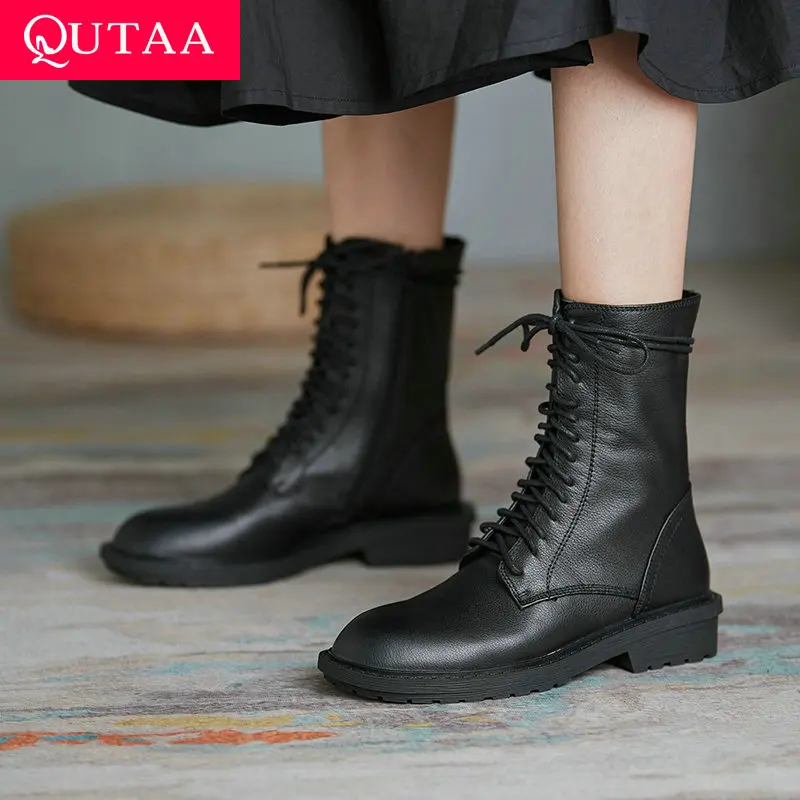 

QUTAA/2022 г. Осенне-зимняя женская обувь из натуральной кожи ботильоны на среднем квадратном каблуке с круглым носком Зимние полусапожки разме...