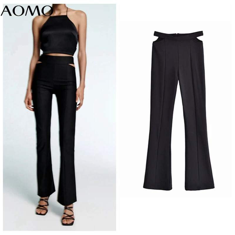 

AOMO 2021 Fashion Women Waist Cut-out Flare Pants Trousers Pockets Office Lady Elegant Pants Pantalon QN219A