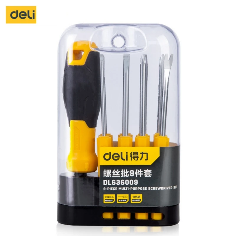 

Deli DL636009 Multi-purpose Screwdriver Chrome Vanadium Steel 9Pcs/Set Magnetic Screwdriver NEW
