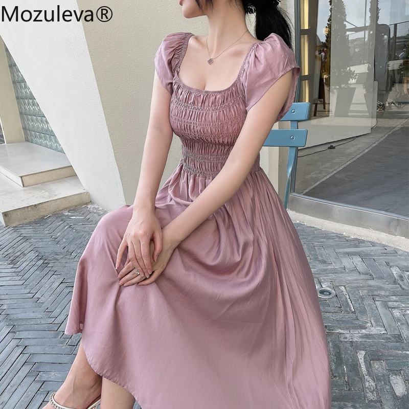 

Mozuleva 2021 пикантные туфли с квадратным вырезом; Летнее розовое платье для женщин с рукавами «летучая мышь» высокая тонкая талия Дамы миди пла...