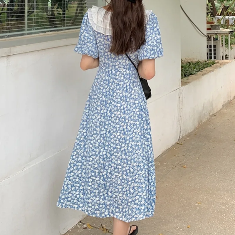 

2021 French Vintage Florals Prnted Slim Party Casual Maxi Dress Summer Fashion Short Sleeve Chiffon Strappy Dress Vestidos New