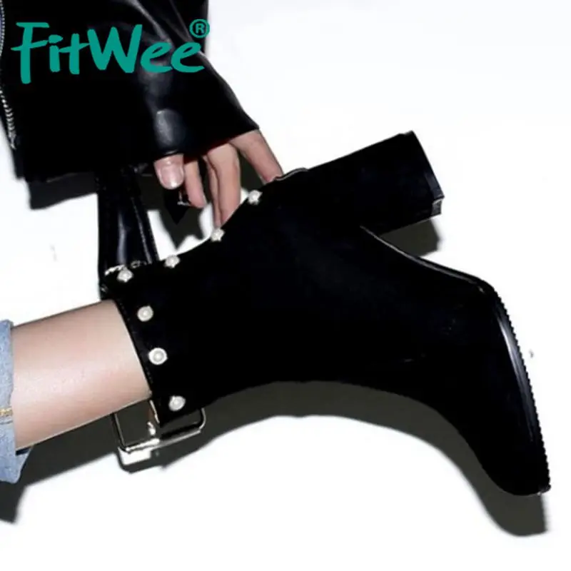 FITWEE/Новые осенне зимние ботильоны женская обувь на молнии толстом каблуке теплая