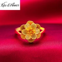 kissflower ri82 2022 fine jewelry wholesale fashion woman girl birthday wedding gift vintage flower 24kt gold resizable ring
