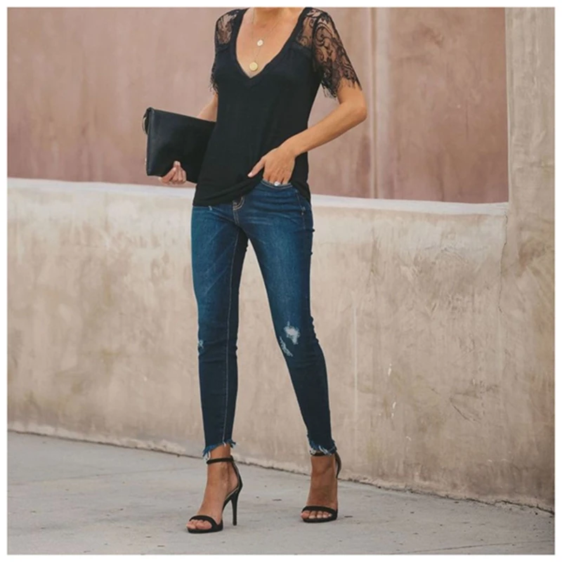 

Sexy Women's Lace Stitching Pure Black T-shirt V-neck Tassel Lace Short-Sleeve Loose Casual T-shirt