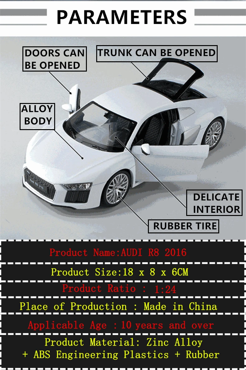 Welly 1:24 Audi R8 V10 TT автомобиль сплав модель автомобиля моделирование автомобиля украшение коллекция Подарочная игрушка Литье под давлением модель игрушка для мальчиков