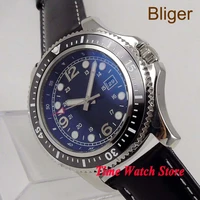 bliger solid 44mm sterile miyota8215 automatic mens watch black dial luminous date display ceramic bezel leather strap