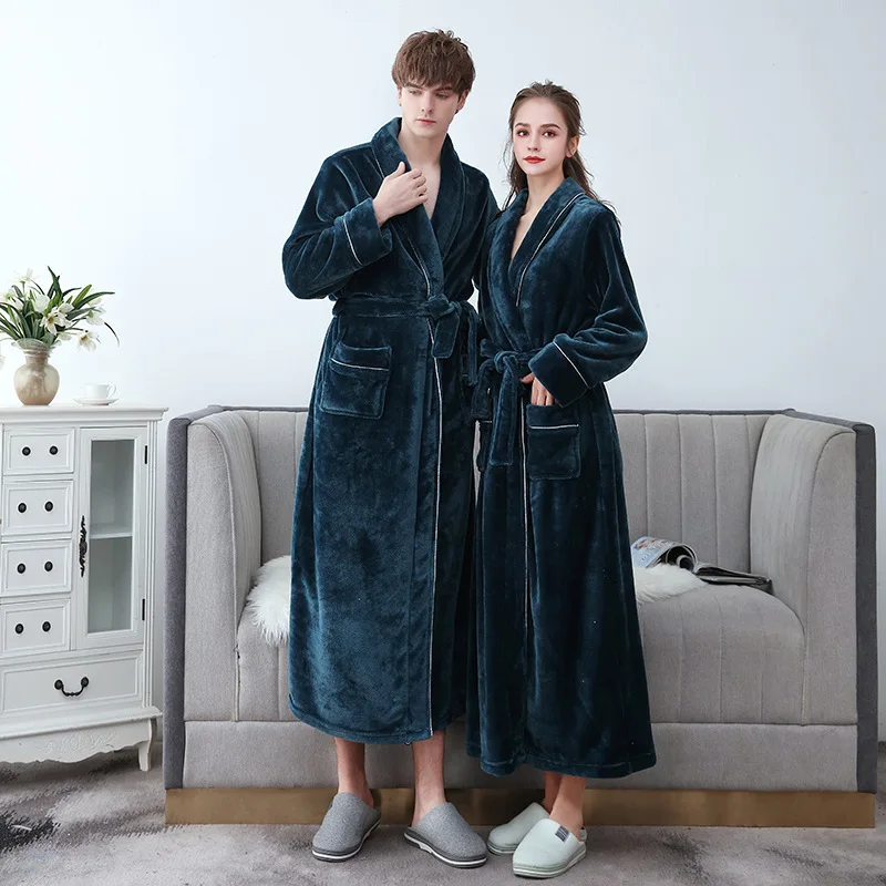 Autumn and Winter Flannel Thickened Fleece-Lined Couple Bathrobe Men's Extended Large Size Coral Velvet Pajamas Winter