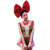 sparkling rhinestones long sleeve women dress red big bow headwear mixed color short dresses christmas costumes nightclub outfit