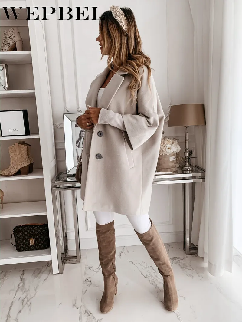 

WEPBEL Autumn and Winter New Solid Color Long Sleeve Double-breasted Button Suit Collar Woolen Coat for Female