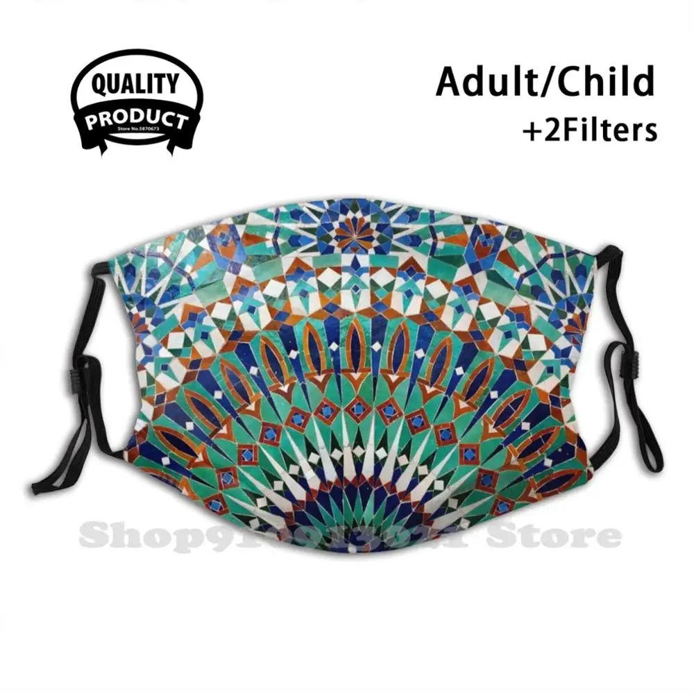 Маска для рта с фильтром с узором Касабланки, Марокко, Ислам, мавританский, марокканский, зеленый, синий цвета, плиточные узоры.
