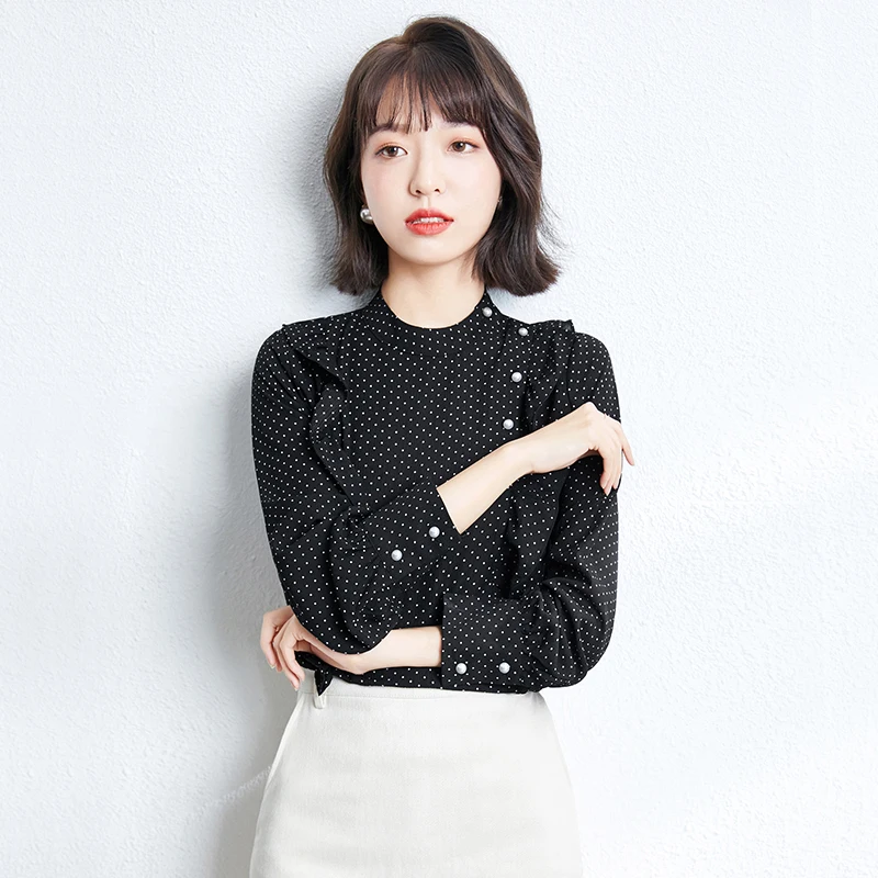 

Женская Офисная рубашка в горошек, Повседневная рубашка с длинным рукавом и воротником-стойкой, весна-осень 2021