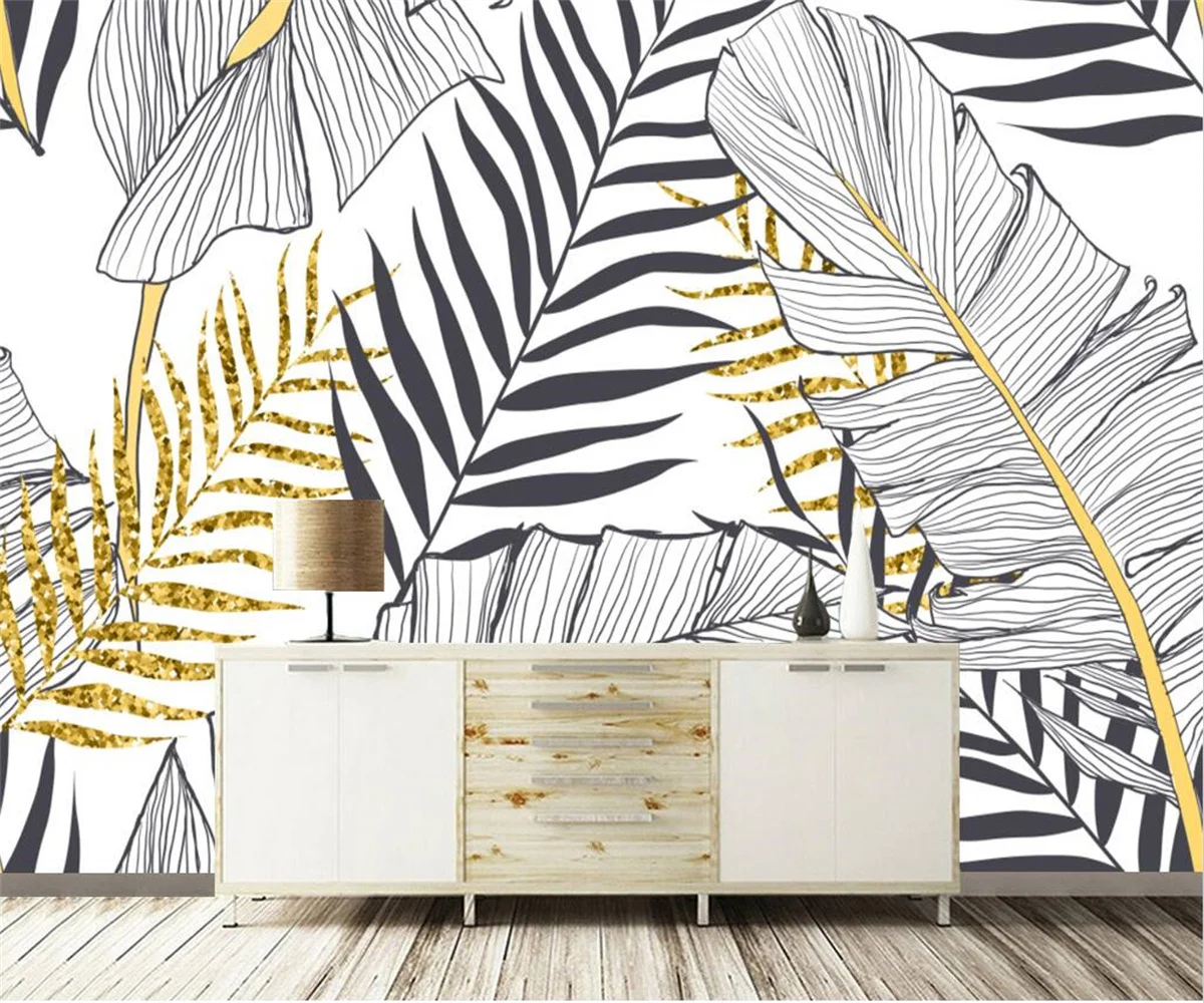

Customized fashion wallpaper Nordic black and white banana leaf coconut tree bedroom background wall decorativere 3d wallpaper