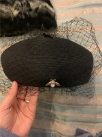 202102 2509264 new summer exclusive design mesh pearl bee black fine paper grass lady beret hat women leisure painter hat