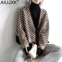 aiujxk women argyle cardigan 2020 autumn winter fashion woman vintage short sweaters knitted clothes loose v neck tops cardigans
