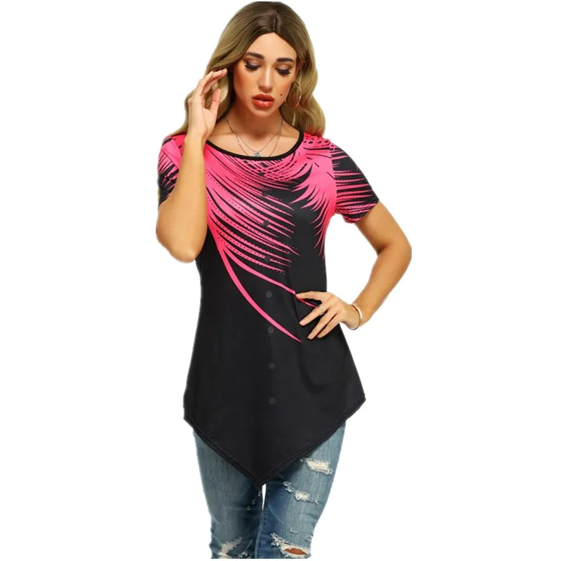 Leaf Print Irregular Hem Women's Short T-Shirts New Summer Tees Large Sizes 5XL Ladies Top Shirt Sleeve 3D Tshirts | Женская одежда