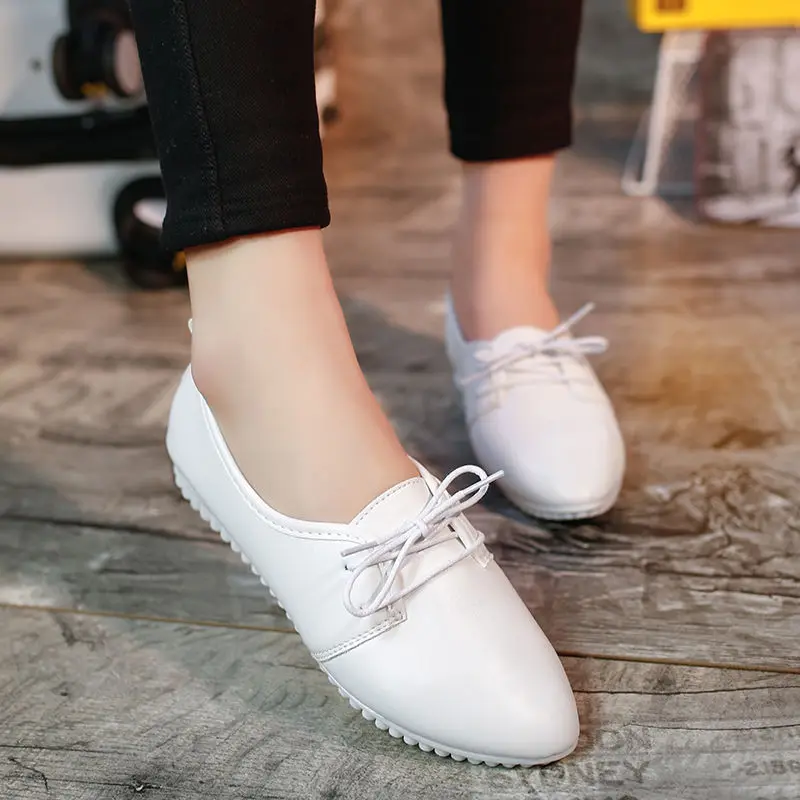 

Marlisasa Women Cute Pointed Toe White Pu Leather Spring Lace Up Shoes Female Casual Black Autumn Anti Skid Shoes Zapatos H6011