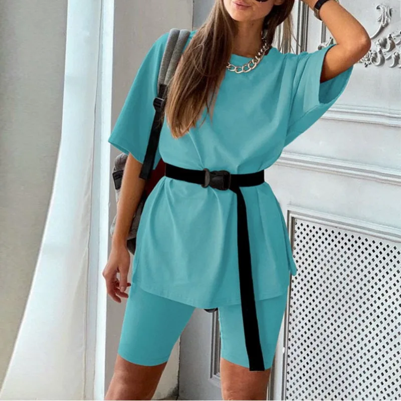 

Suit Female Casual Outfits Women's Two Piece Shorts Sets with Belt Sports Loose Fashion Bicycle Summer Tracksuit Women 2021