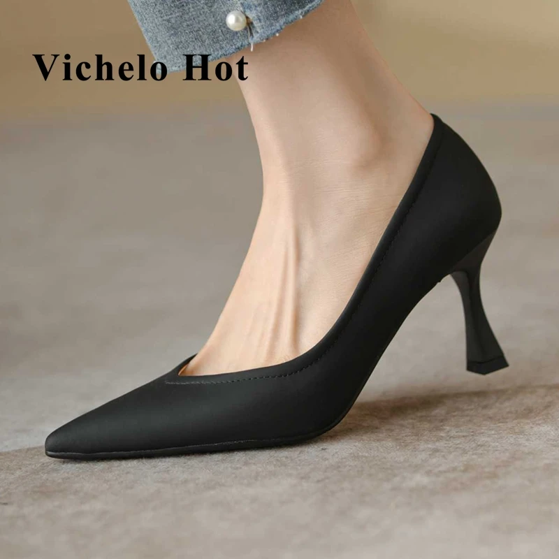 

Популярные офисные туфли Vichelo из натуральной кожи с острым носком на необычном высоком каблуке, женская повседневная одежда, лаконичные стильные однотонные женские туфли-лодочки L10