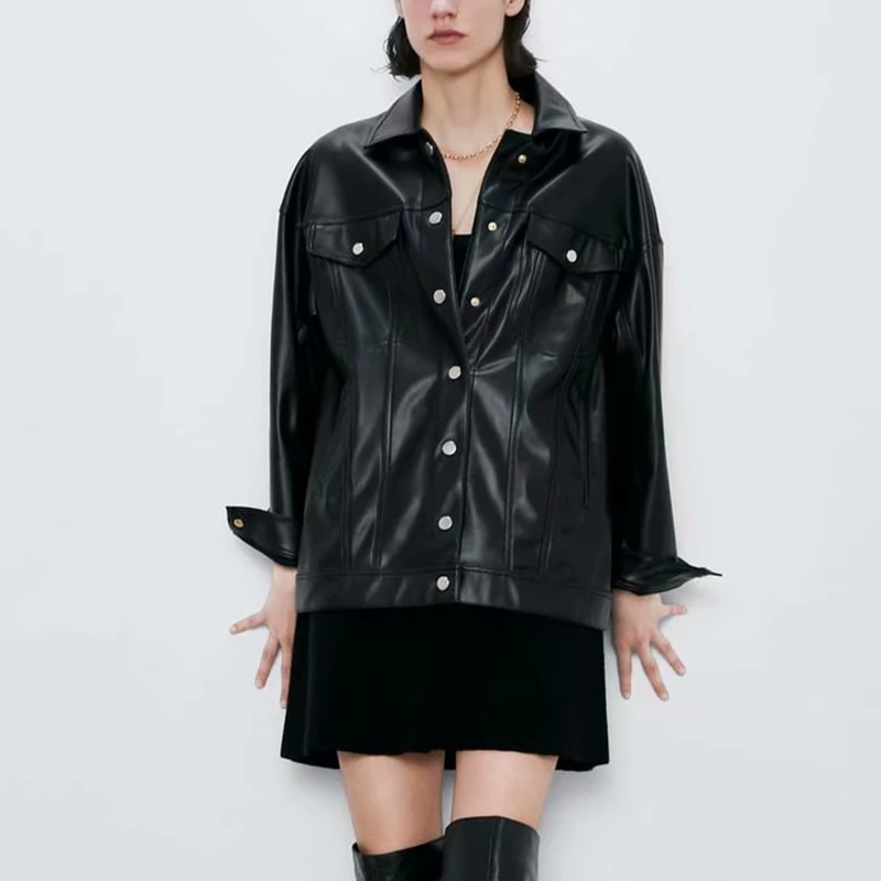 Женская кожаная куртка черная винтажная Повседневная мотоциклетная из