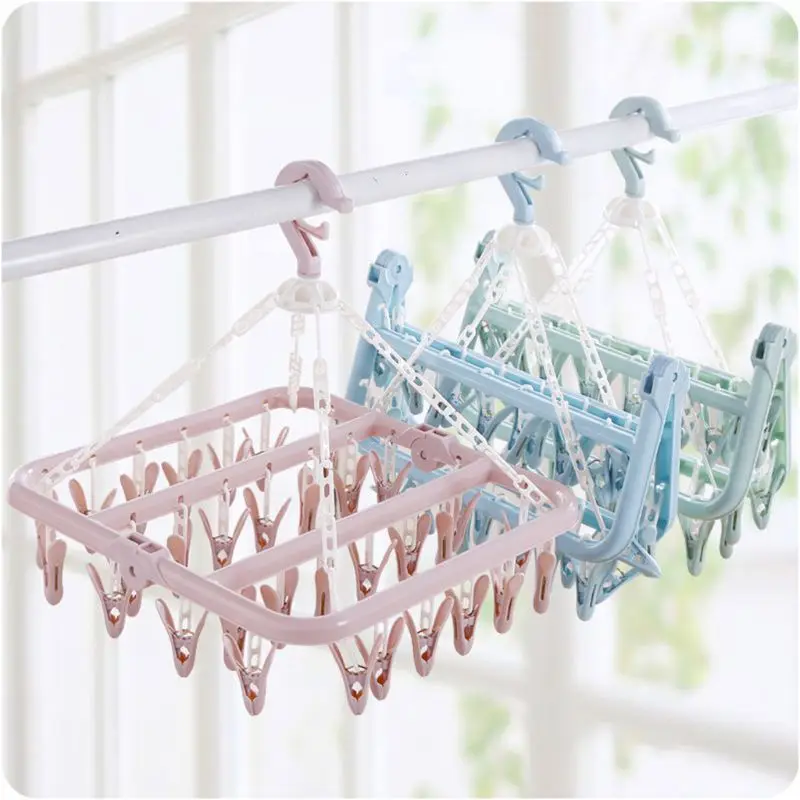 

Foldable 32 Peg Windproof Clothes Hanger Dryer Washing Line Airer Clothes Underwear Socks Pants Hanger Household Storage