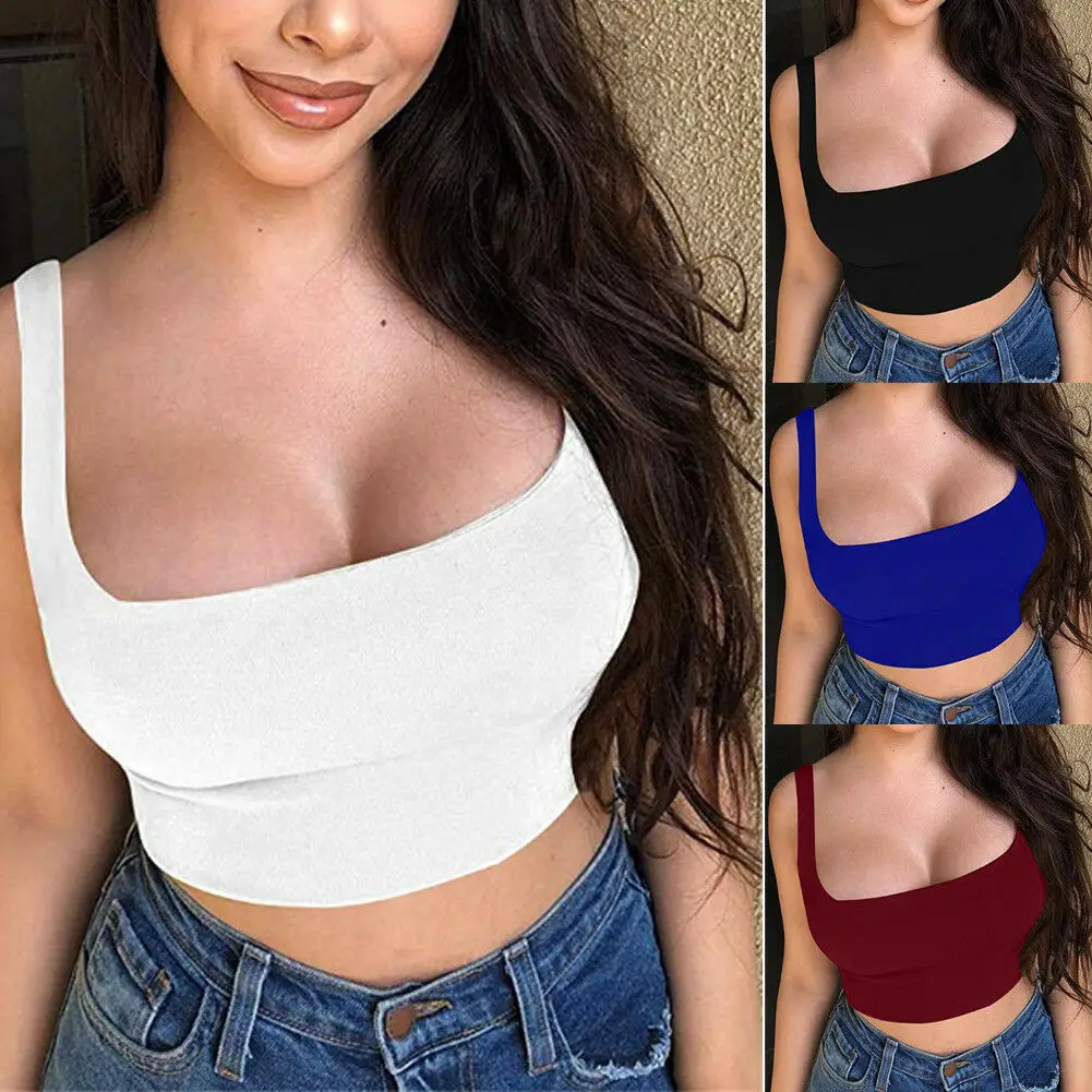 

2019 Sexy Women Solid Strappy Tanks Vest Crop Top Summer Sleeveless Slash Neck Tanks Beach Women Sports Tank Tops