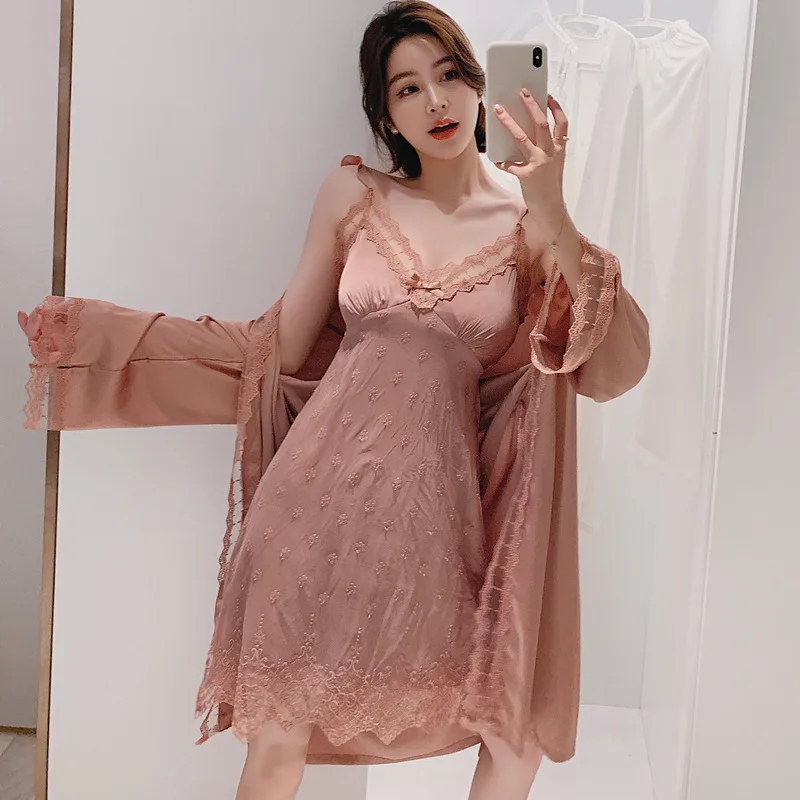 

Women Spaghetti Strap NightdressSleepwear Sexy Robe Set Lace Trim Mesh Nightgown Nightwear Satin Loose Bathrobe Home Dressing