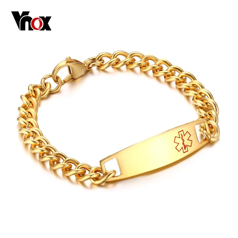 

Vnox Free Personalized ICE Info Medical Alert ID Bracelet 18cm 21cm Gold Color