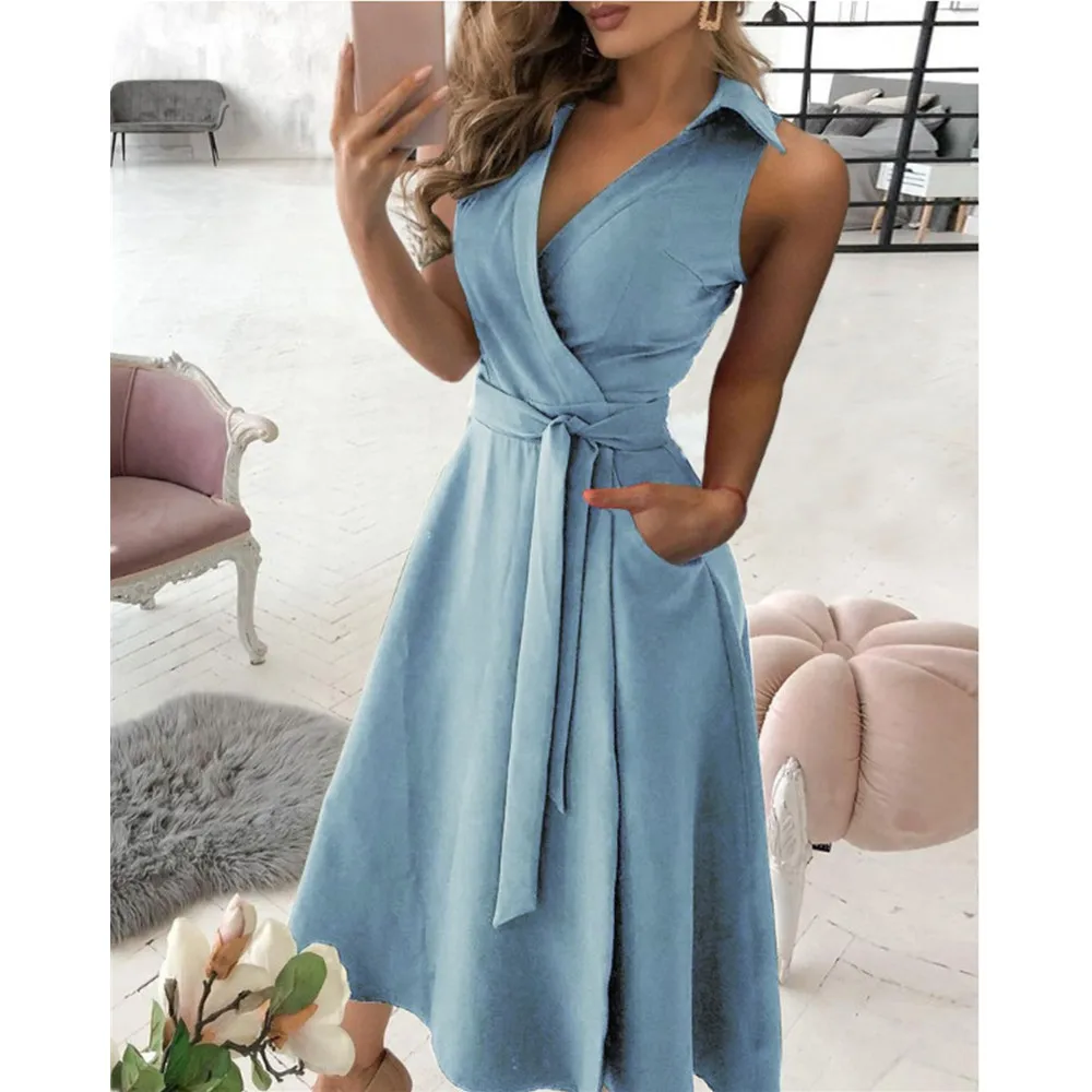 

New Office Lady Elegant Summer 2021Sleeveless Dress Women Casual Turn-Down Collar Belt Dress Sexy V Neck Slim Solid Long Party