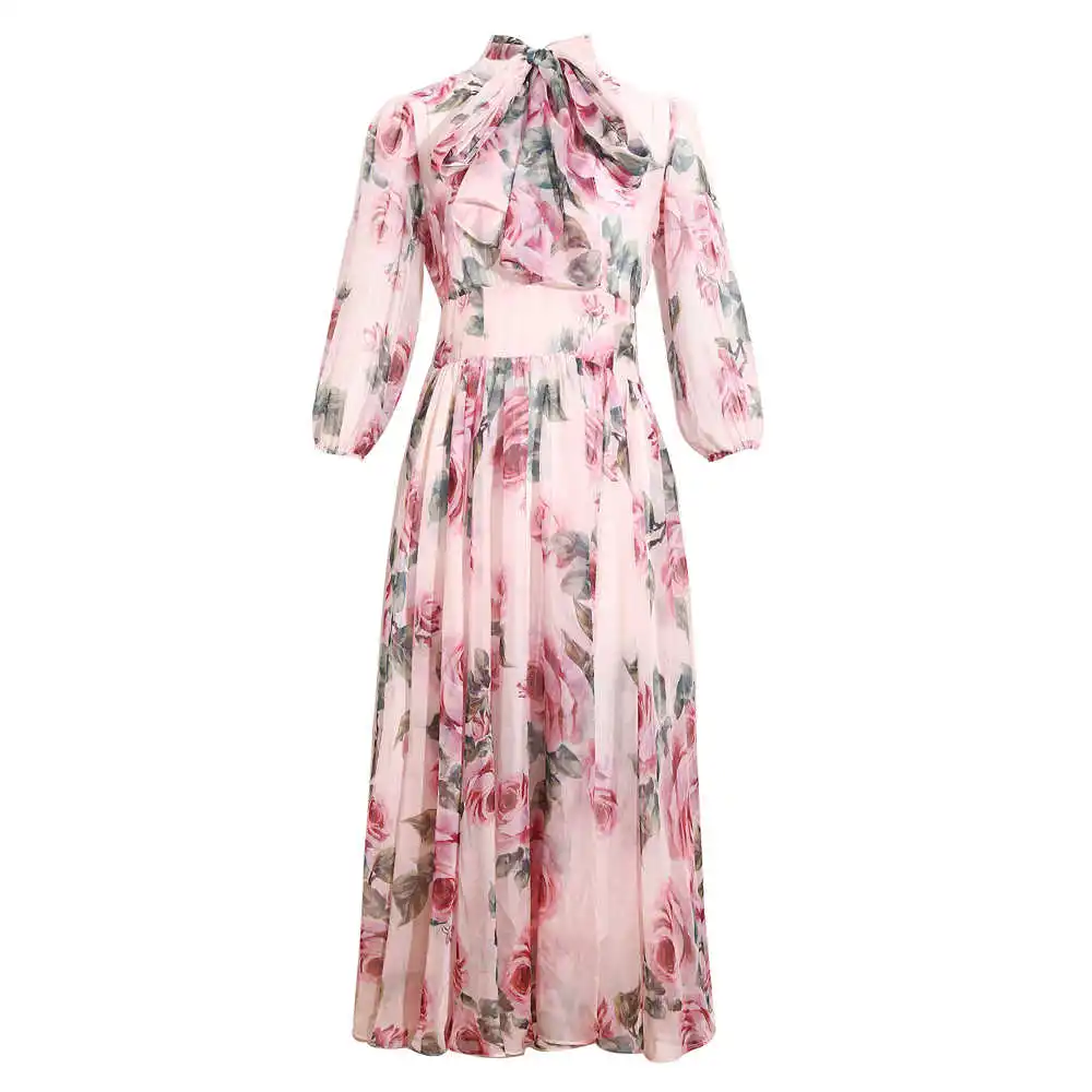 

Женское модельное винтажное шифоновое платье, элегантное праздничное длинное платье для отпуска с принтом роз и бантом, лето 2021