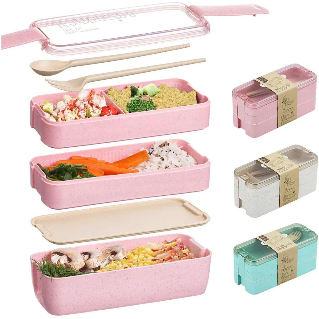 

Student Lunch Box Wheat Straw Lunch Box 3 Layer 900ml Portable Microwave Food Container Dinnerware Bento Boxes with Tableware#W