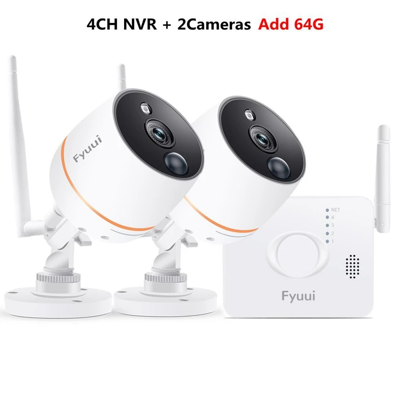 Система камер безопасности беспроводная, Fyuui 4CH 1080P NVR с 2 шт 1080P беспроводная WiFi IP камера наружная, внутри помещений 2-полосная аудио - Цвет: 4CH and 2Cams 64G
