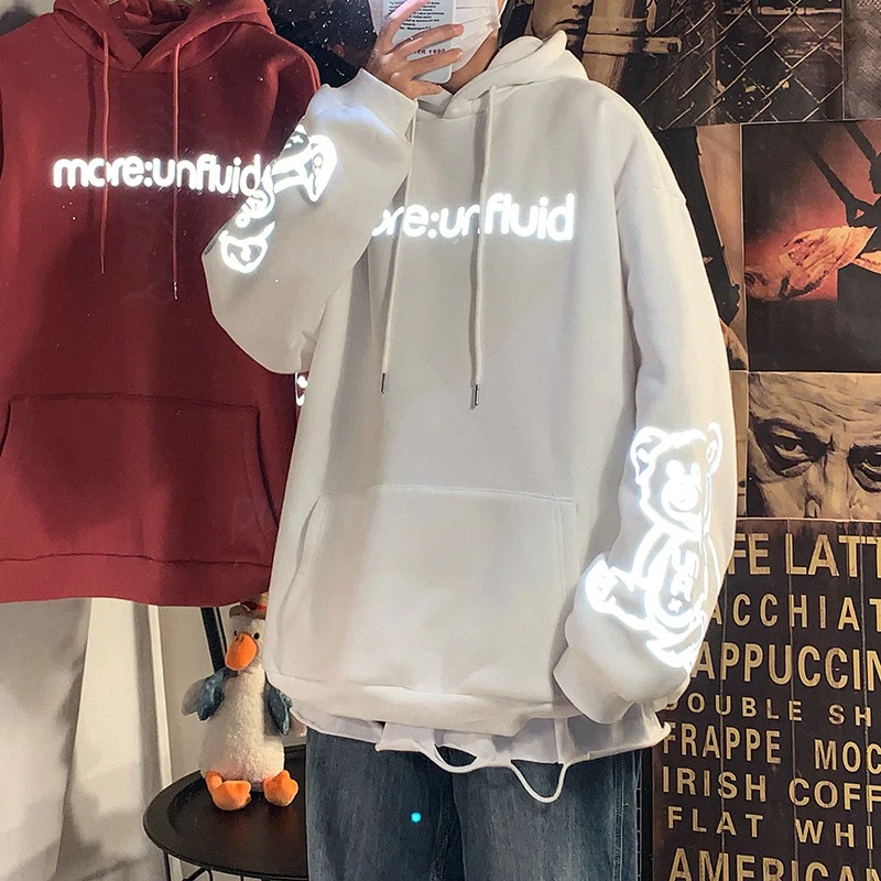 Светоотражающие толстовки с принтом медведя Мужская модная толстовка капюшоном