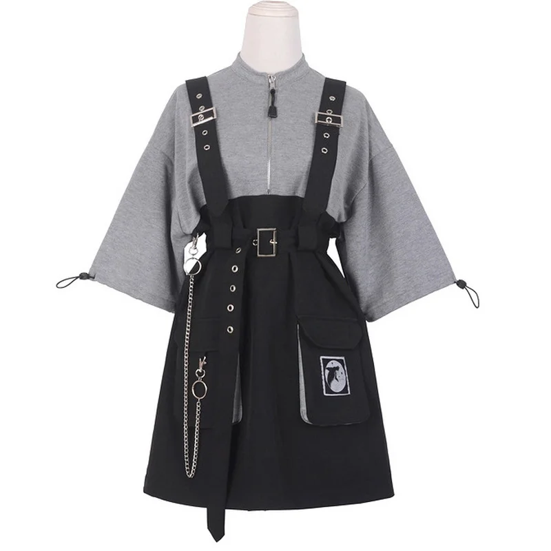 

Gothic Girls Punk Mini Sweater Dress 2021 Half Sleeve Belt Chain Tunic Women High Waist Sexy Lolita Plus Size Vintage Vestidos