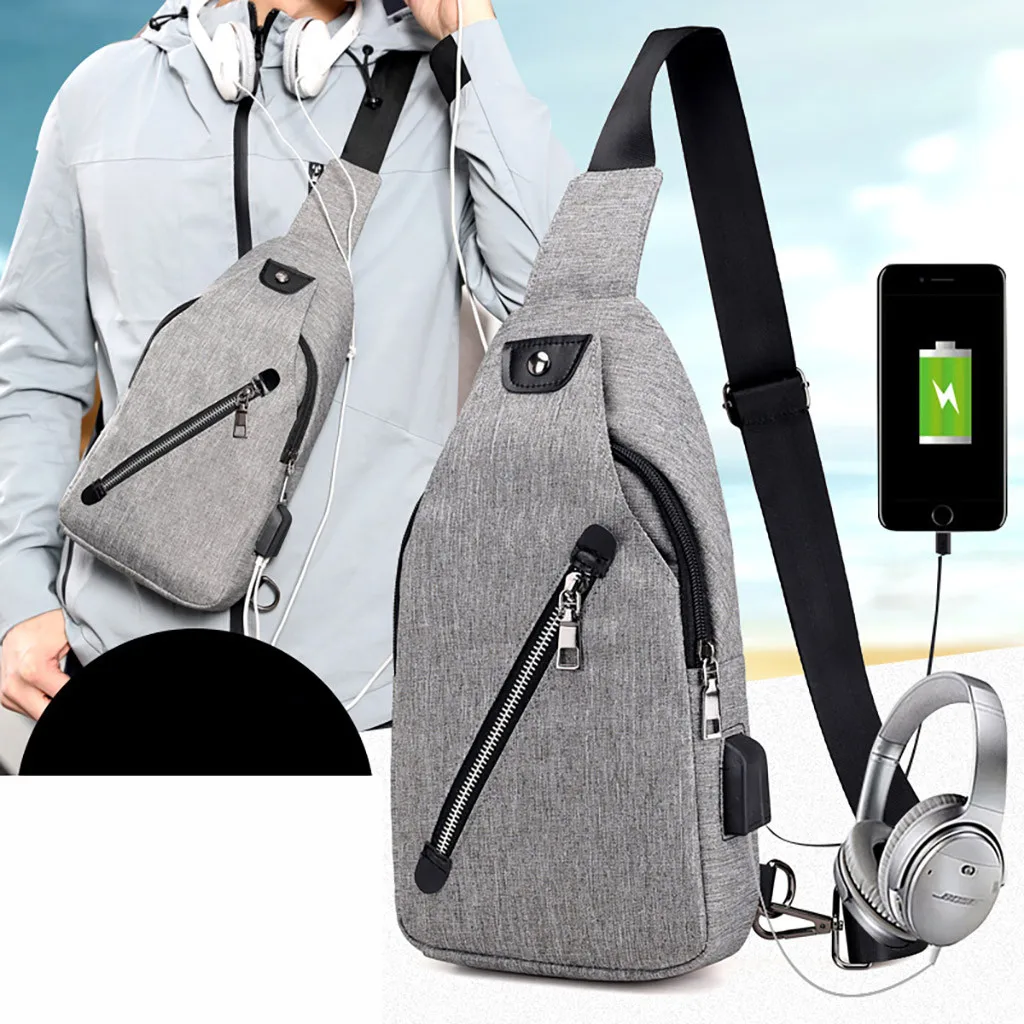 Мужская нагрудная сумка с USB разъемом однотонная через плечо из ткани Оксфорд