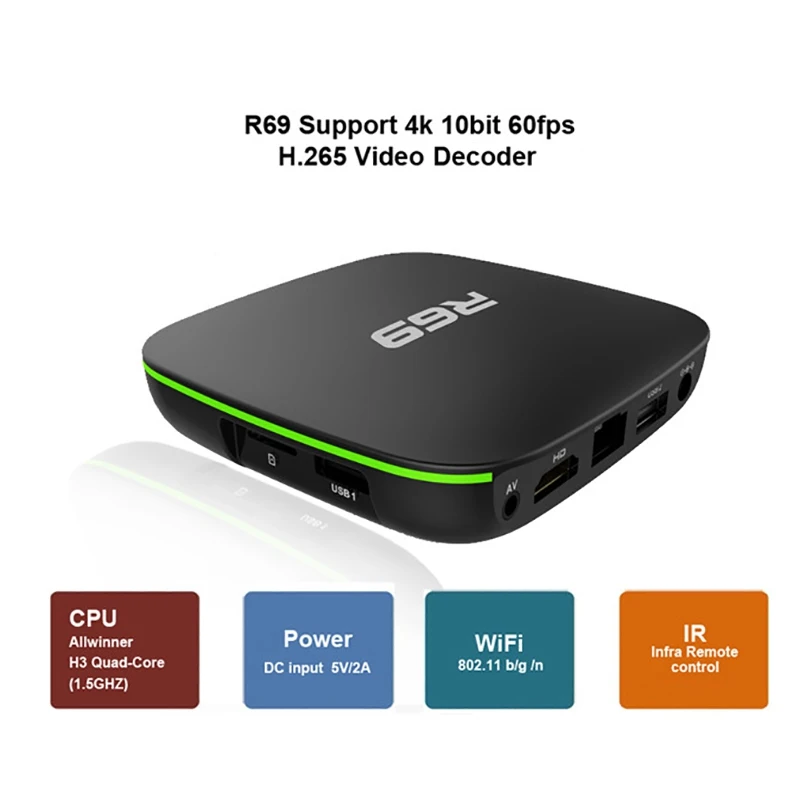 Приставка Смарт ТВ R69 Android 7 1 Wi Fi 2 4 ГГц четырехъядерный процессор H3 1080P Hd 3D