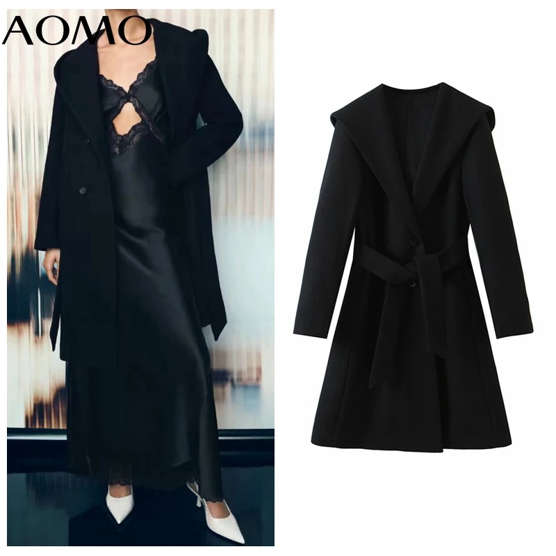

Женское зимнее пальто AOMO 2021, черное толстое теплое шерстяное пальто с капюшоном и вырезом лодочкой, Офисная Женская верхняя одежда, шикарно...