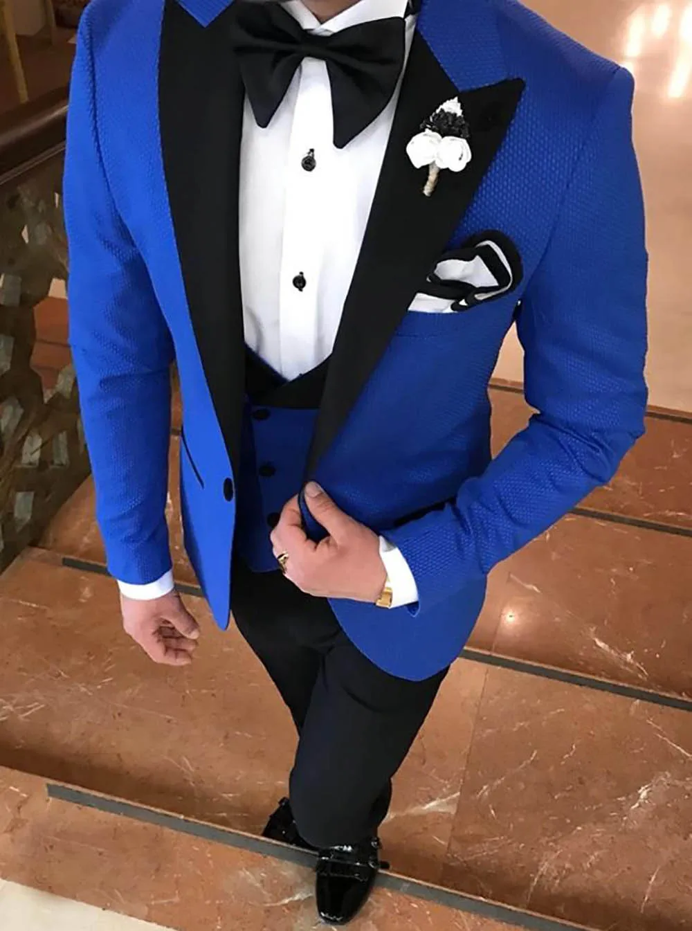 2018 New Men's Leisure Blue Suit 3 Pieces Double-breasted Vest Lapel Tuxedos Groomsme For Wedding Party (Blazer+Vest+Pants) | Мужская