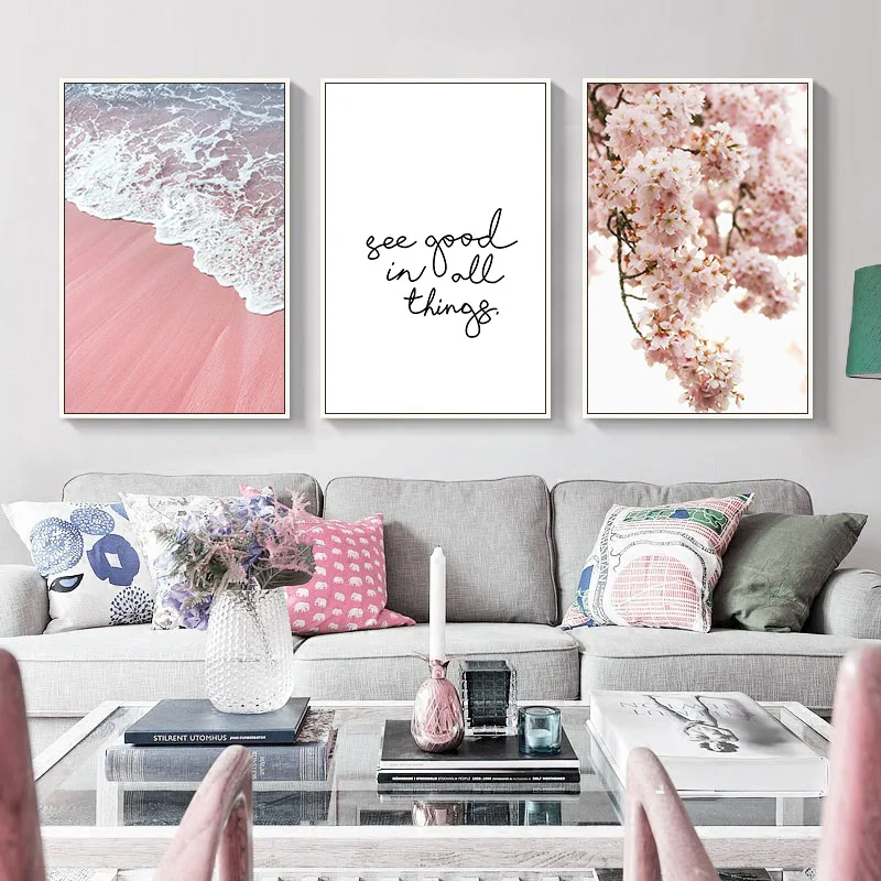 Картина на холсте скандинавский Декор розовый пляж элегантный цветок фраза