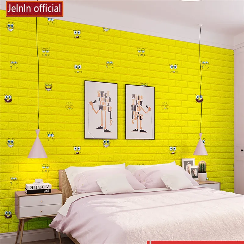 Yellow cartoon character wallpaper self-adhesive foam wall stickers bedroom kids room bubble brick waterproof soft bag sticker | Дом и сад