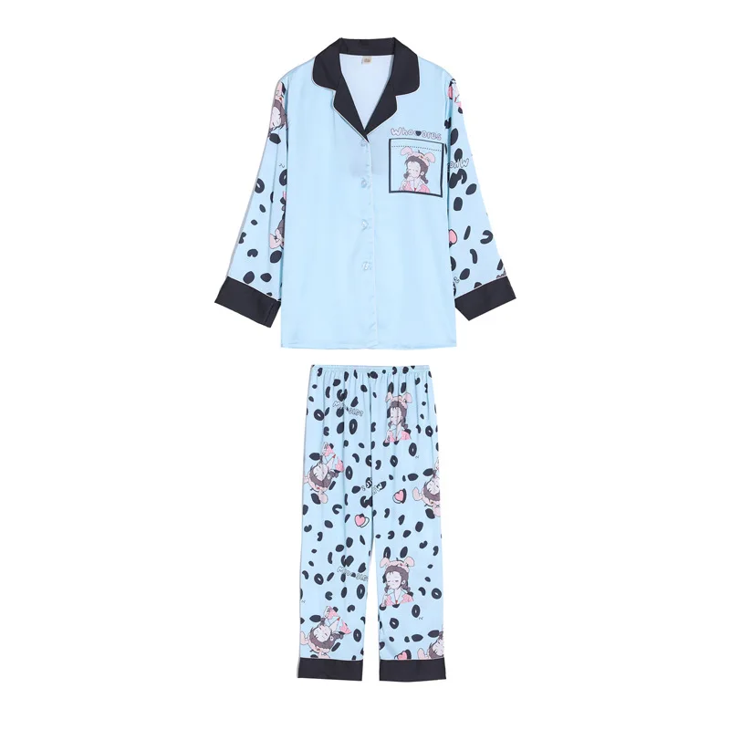 

Blue Cute Cartoon Print 2PC Pajamas Set Female Turn-down Collar Shirt&Pant Nightwear Spring Faux Silk Home Wear Casual Sleepwear