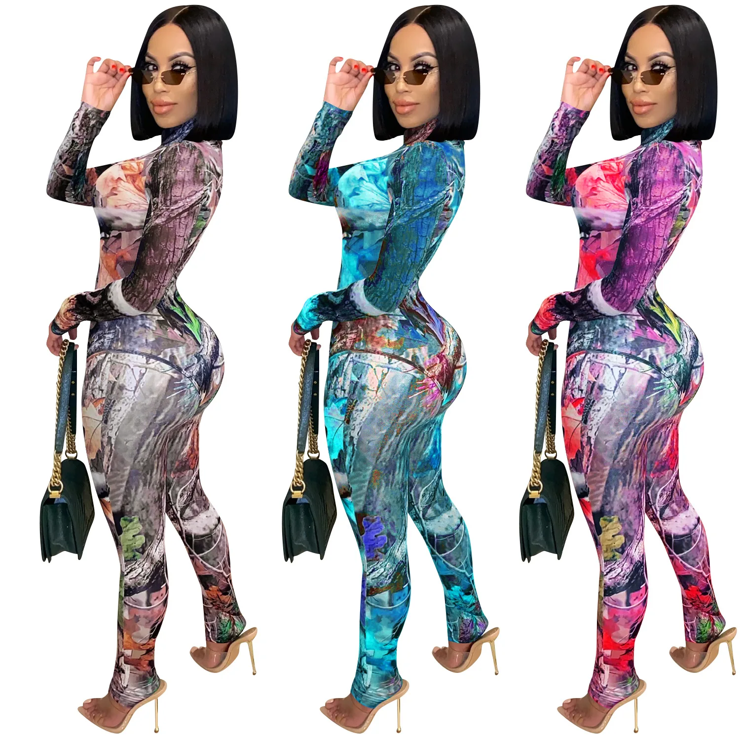 

Fashion Print Two Piece Set Woman Long Sleeve Mock Neck Bodysuit Top And Long Pencil Pants Sexy Night Club Party Outfits