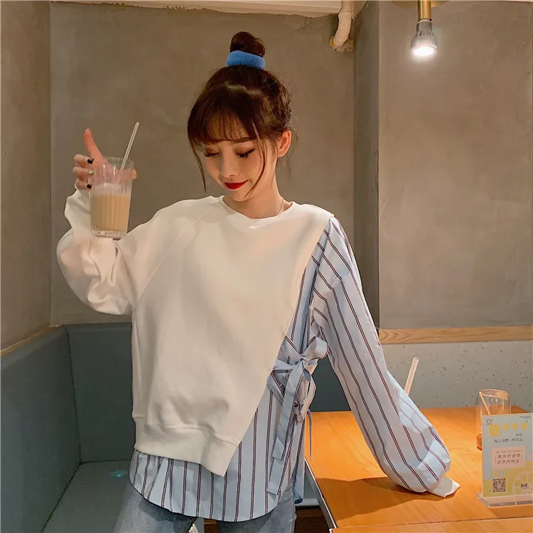 

fashion brand patchwork long sleeve Fake two pieces women tops o-neck pullovers casual o-neck loose Sweatshirts Women's Clothing
