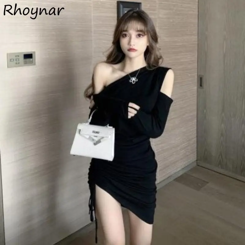 

Long Sleeve Dress Women Design Sexy Asymmetrical Mini Diagonal Collar Streetwear Solid Simple Clubwear Popular Girls Summer Ins