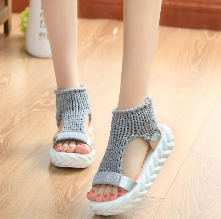 

Comfortable Casual Wool Women Summer Sandals Knit Platform Shoes Candy Color Wedges Sandalias For Women High Heel Summer Shoes