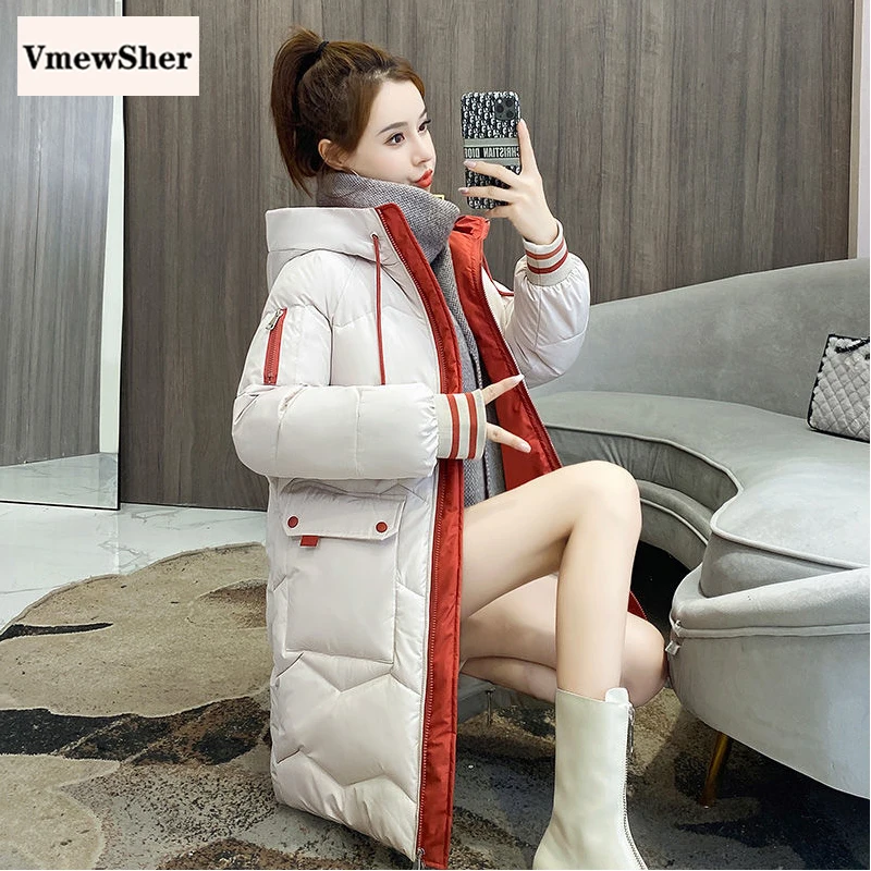 

VmewSher New Winter Jacket Women Hooded Parka Long Thick Warm Jackets Coats 2020 Color Block Outwear Chaqueta Casaco