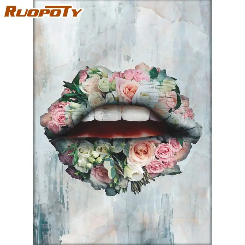 

RUOPOTY 60x75cm Diy Frame Painting By Number Grey Lips Figure Abstract Picture By Numbers Acrylic Paint On Canvas For Home Art