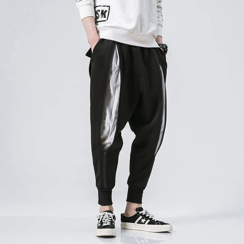 

Zipper Patchwork Striped Harem Pants Men Stretch Sweatpants Loose Hip Hop Pants Men Trousers Streetwear Joggers Grey Black M-5XL